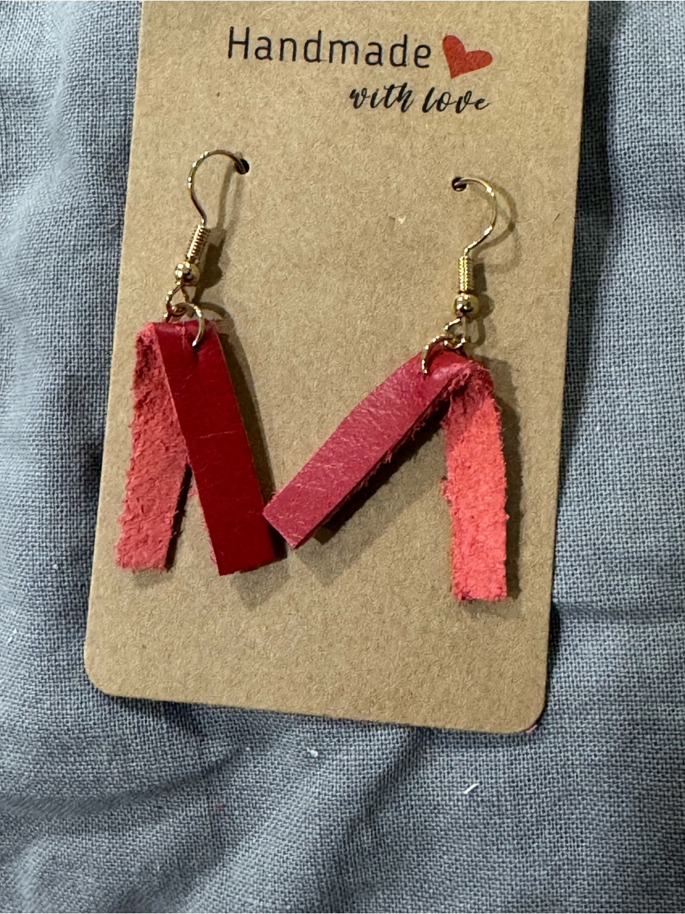 Handmade Red Leather Strip Dangle Earrings with Gold Hooks